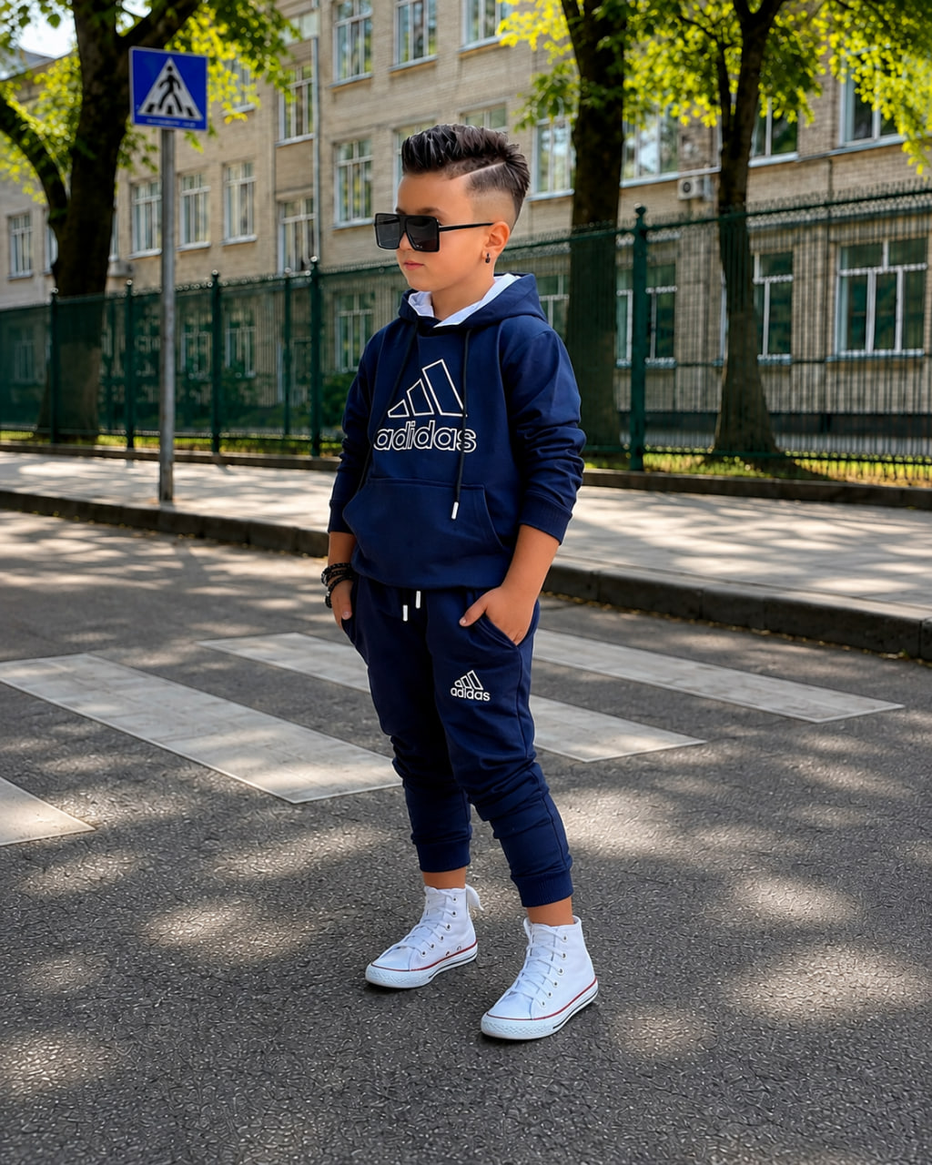 Синій дитячий костюм Adidas, вигляд збоку